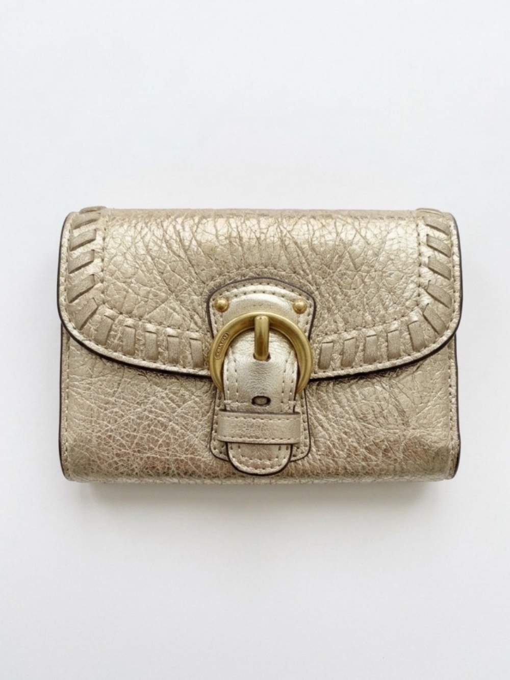 Vintage Coach Soho Metallic Gold Crackle Leather Whipstitch Buckle Wallet